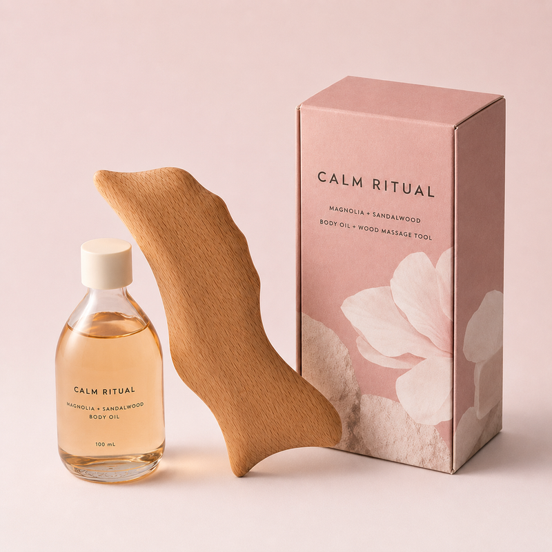 Magnolia & Sandalwood Body Oil Ritual Set with Wooden Massage Tool 100ml-zoom-